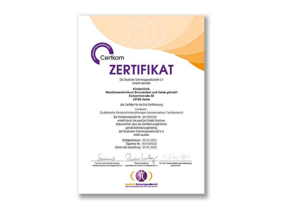 Zertifikat Certkom: Qualifizierte Kinderschmerztherapie