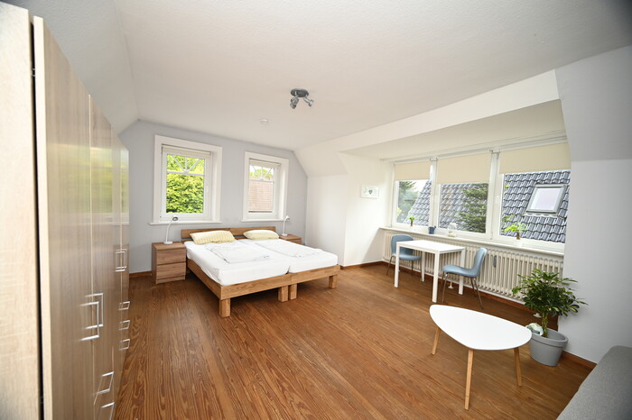 Das Schlafzimmer im Obergeschoss des Boardinghauses.