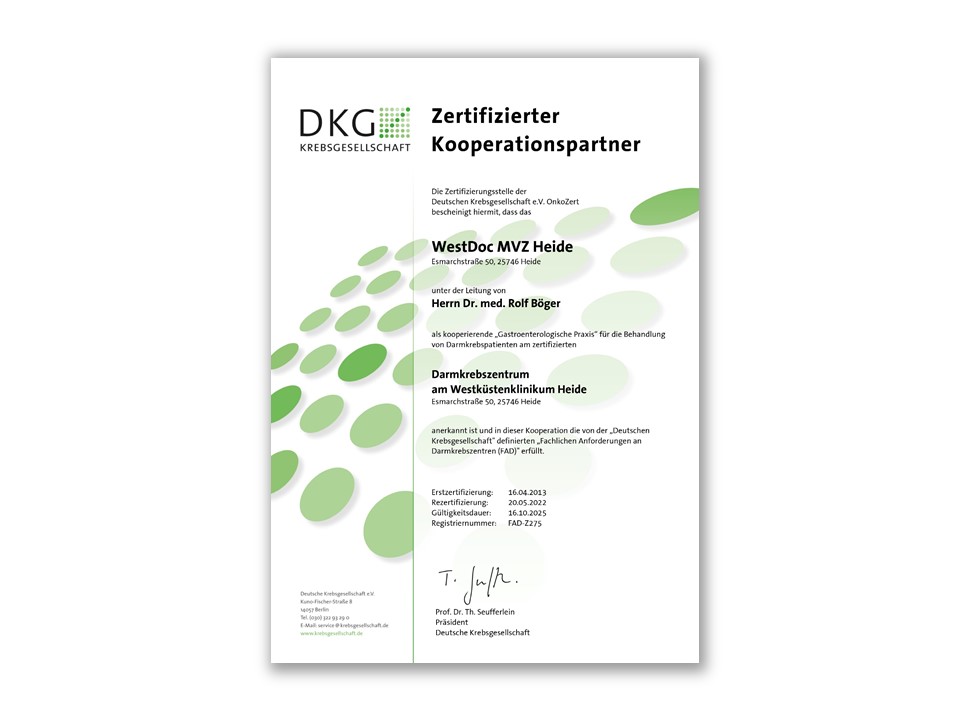 WestDoc MVZ Heide: DKG Zertifizierter Kooperationspartner des Darmkrebszentrums am Westküstenklinikum Heide